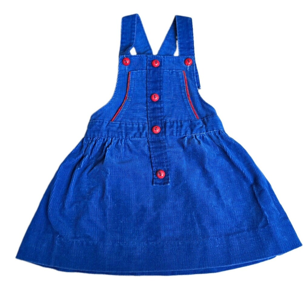 Vintage Carter's Girls 3T Blue Corduroy Overall Dress Red Button Square Neck🇺🇸